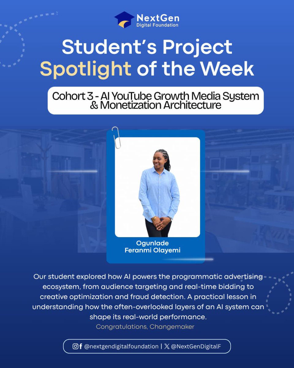 NextGenDigitalF's tweet photo. What happens behind the scenes when AI powers programmatic advertising?

Cohort 2 – Group 1 AI YouTube Growth Media System &amp; Monetization Architecture student Ogunlade Feranmi Olayemi explored this through a Programmatic Advertising &amp; AI Ad-Tech Architecture project. https://t.co/jvpxWiNwCR
