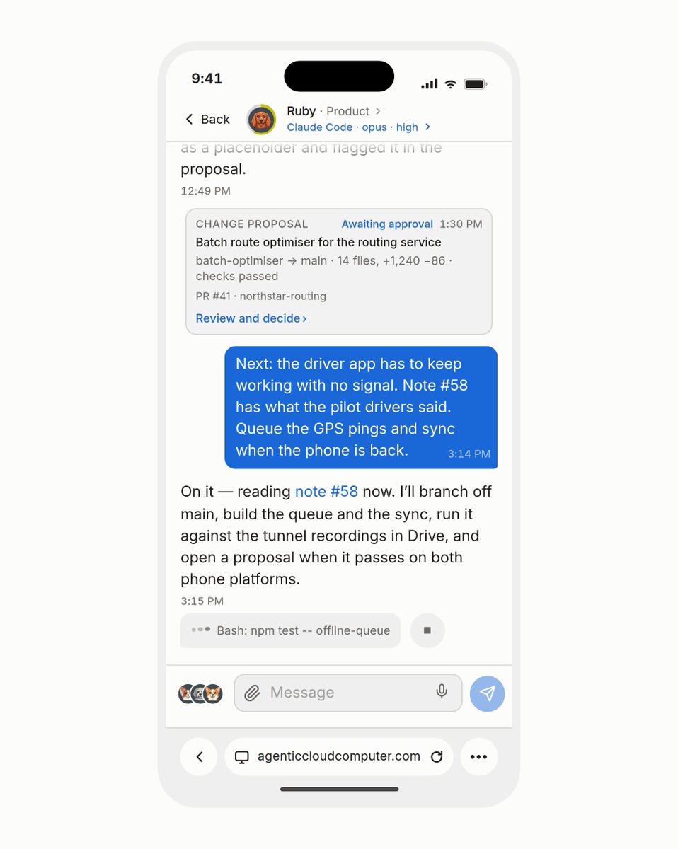 AgenticCloud's tweet photo. Run the whole team from your phone.

Hand out a job, read a proposal, tap approve. The whole Workspace fits in your phone's browser, and the agents keep working after you lock it. https://t.co/QdxumGlbdm