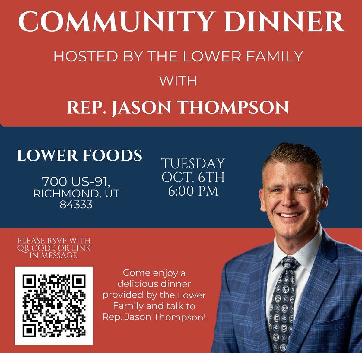 JasonEThompson's tweet photo. I’d love to see you! 

These conversations are one of my favorite parts of representing Northern Utah, and I’m looking forward to a good night together in Richmond. https://t.co/eX78VjBbme