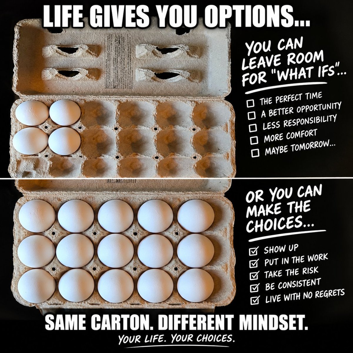 WWXDesk's tweet photo. Who knew preparing breakfast could teach you so much about life? Same carton. Different choices. Different outcomes. https://t.co/UVgdV4pt52