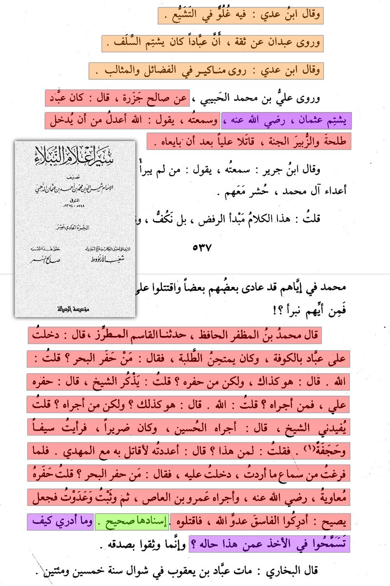 ABBASITB's tweet photo. [ المُحَدِّث الزنديق: عبَّاد بن يعقوب الرواجني الكوفي، (المتوفى سنة : 250هـ) ] :

- عقيدته :
1- رافضيّ يشتم ويسب أبا بكر وعمر، وخاصة عثمان بن عفان _رضي الله عنه_ ويجاهر بالشتم، وكان يقول :
«الله أعْدَل من أن يُدْخِلَ طلحة والزبير الجنة!! قاتَلا علياً بعد أن بايَعاه»!!.

2- كان هذا المُلْحد يقول بتحريف القرآن الكريم، فَيَزعُم أن ابن مسعود _حاشاه_ كان يقرأ هذه الآية هكذا : «وكَفَى اللهُ المؤمنينَ القتال بعلي بن أبي طالب»!!.

3- وكان يمتحن من يأتي إليه من الطلبة فيسألهم: «مَنْ حفر البحر؟ فيقول له الطالب: أفِدْني يا شيخ. فيقول عبَّاد : علي!!، ثم يسأله : مَنْ أجراه؟ فيقول الطالب: أفدني يا شيخ. فيقول عبَّاد : أجراه الحُسين»!.

- العلماء الذين وثَّقوا هذا الزنديق المُلحد :
1- أبو حاتم الرازي.
2- ابن خزيمة.
3- ابن حجر وصفه بالصدوق.

- جانب من روايات هذا الزنديق في كتبنا :
1- حديث : «إذا رأيتم معاوية على منبري فاقتلوه»!.
2- حديث على لسان أم المؤمنين عائشة أنها قالت : «والله ما أَعْلَمُ رَجُلًا كَانَ أَحَبَّ إلى رَسول الله من عليّ»!!.
مستدرك الحاكم، رقم الحديث : 4758.
3- حديث علي بن أبي طالب : «أُمِرْتُ بقتال الناكثين والقاسطين والمارقين».
مسند البزار، رقم الحديث 794، وأعَلَّه بِتَفرُّد عبَّاد به.
4- حديث : «إني تاركٌ فيكم الثقلين كتاب الله حبلٌ ممدود، وعترتي أهل بيتي».
معجم الطبراني الصغير، رقم الحديث : 364 (1/226).

- أحاديثه موجودة في :
- سنن الترمذي.
- سنن ابن ماجة.
- سنن أبي داود.
- صحيح ابن خزيمة.
- أخيراً _وللأسف_ حديثاً واحداً فقط في (صحيح البخاري) مقروناً بغيره "من باب الشاهد والمتابعة".

حتى الذهبي ــ على تشَيُّعِهِ ــ لم يملك إلا أن يستنكر هذا المسلك!، فقال متعجّبًا: «وما أدري كيفَ تَسَمَّحوا في الأخذ عَمَّن هذا حاله؟!».

وامتعاضه في محلِّه،، فإن هذا الراوي المجرم، الذي تبيَّن لنا أنه لم يقف عند حدِّ الرفض وسبِّ الصحابة، بل تجاوز ذلك إلى القول بتحريف القرآن، حتى بلغ مقالةَ السبئية الغالية الذين رفعوا عليَّ بن أبي طالب إلى مقام الألوهية.

إن إدخال أسماء أمثال هؤلاء في دواوين السنة، مع ما عُرف عنهم من انحرافٍ وغلوٍّ، يُوهِم بوثاقتهم، ويكسوهم في أعين العامة والأغرار والدهماء ثوبَ التزكية والتعظيم، فيغدو مجردُ وجود الاسم في هذا الكتاب حُجّةً!.

⚠️ وهنا تكمن الفتنة :
إذ يتلقَّف بعض الناس -بعلمٍ أو بجهل- صنيع الإمام البخاري على أنه رخصةٌ مطلقة في قبول روايات كل من أُدرج اسمه في كتاب البخاري!، فيَغْدو الاستئناسُ بالتخريج إلى تزكية!، ومجرد رواية البخاري عن هذا الشخص كمتابعة أو شاهد، إلى نوع من التوثيق لهذا الشخص!.

- فنقول رداً عليهم :
الإمام البخاري إمامٌ جليل، ليس نبيًّا معصومًا، ولا يلزم من تخريجه لخبرٍ ــ لا سيما إن كان في موضعٍ واحدٍ فقط ومن باب المتابعة ــ تزكية لهذا الراوي،
وإن كنتم تَحْمِلون صنيعَ البخاري على أنه تزكيةٌ لهذا الراوي، فنُغلق عليكم هذا الباب من أصله، ونقول:
إن البخاري وغيره، بل ومالكٌ نفسه، أئمةٌ غير معصومين؛ يُصيبون ويُخطئون، ويُقْبَل من قولهم ما قام عليه البرهان، والعِبرة بالدليل وقواعد النقد، لا بمجرّد أن يمرَّ اسمُ الراوي في كتاب إمام.

وقد استنْكَر الإمام العباسي الذهبي _على تشيُّعِهِ كما تقدّم_ الأخذ عن هذا الراوي الحاقد الزنديق، ونحن كذلك، لا نجعل التخريج النادر أصلًا ولا الشاذ قاعدة؛
فإن من أصول قبول حديث الراوي أن تتوافر فيه العدالة والضبط، والعدالةُ تقتضي الاستقامةَ في الدين والسلامةَ من البدع، فكيف يُحتجُّ بخبر من مَرَق عن الدين، وحرَّف كتاب الله، وعبَدَ علي بن أبي طالب، وسَبَّ صحابة رسول الله ﷺ؟؟.

- أخيراً :
نقولها بملء الفم: لقد أغنانا الله تعالى بالثقات الأثبات عن أهل الزندقة، فما كنا ولن نكون ممن يستمدُّ دينه إلا من معدن الصدق والاستقامة والعدالة، ولا حُجَّةٌ بمن خالف الأصول والقواعد؛ فكلُّ بني آدم خطَّاء، ولا معصوم من الزلل إمامٌ ولا عالم، كائناً من كان.🔻🔻