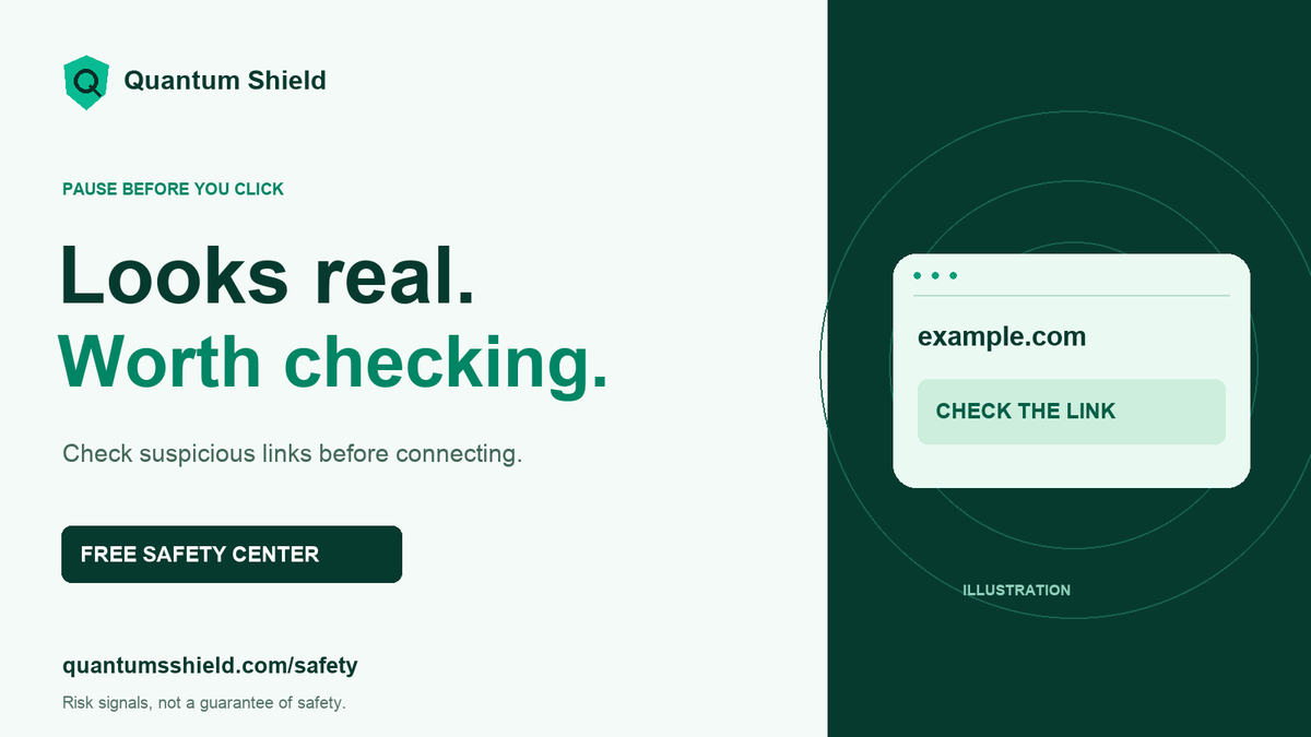Quantumsshield's tweet photo. Looks real. Is it?

Check suspicious links for reported phishing and wallet-risk signals with Quantum Shield’s free Safety Center.

No wallet signature required. No scan guarantees safety.

https://t.co/WN4zBrW4S0

#Web3Security #CryptoSecurity https://t.co/cTvu153jy8