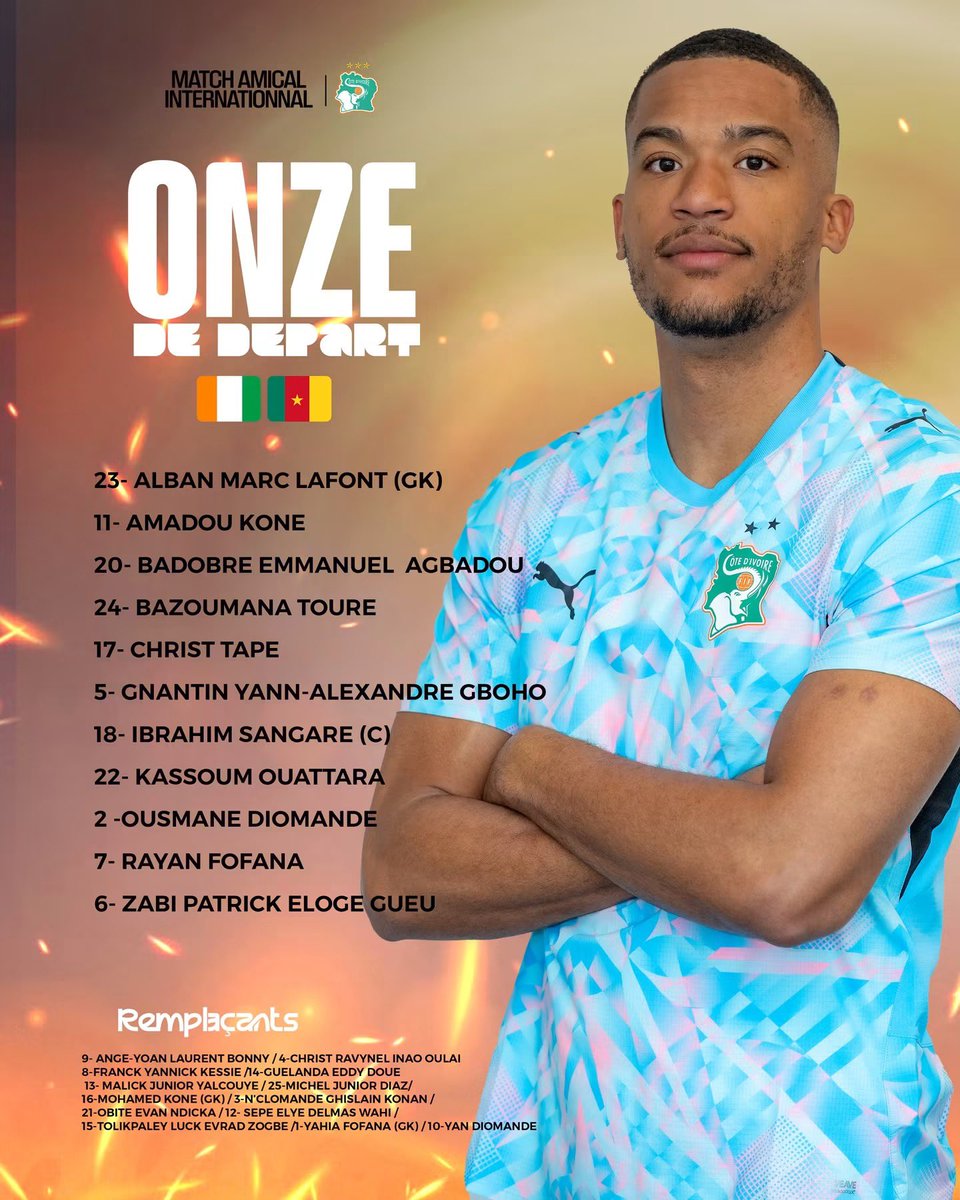 saedeciv's tweet photo. OFFICIEL : ONZE DE DÉPART 🇨🇮🇨🇲

23 – Alban Marc Lafont (GK)
11 – Amadou Koné
20 – Badobré Emmanuel Agbadou
24 – Bazoumana Touré
17 – Christ Tape
5 – Gnanti Yann-Alexandre Gboho
18 – Ibrahim Sangaré (C)
22 – Kassoum Ouattara
2 – Ousmane Diomande
7 – Rayan Fofana
6 – Zabi Patrick Eloge Gueu