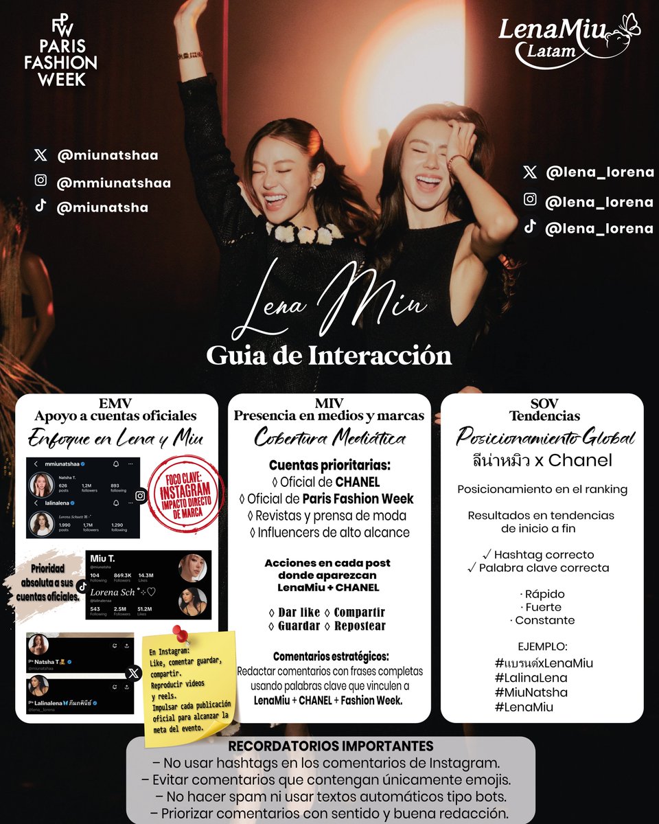 LenaMiuLatamOff's tweet photo. Guía de ENGAGEMENT LenaMiu PFW

Prioridad
→ Aumentar el engagement y la visibilidad en los posts de o sobre LenaMiu

Instagram & TikTok 
*Las redes más importantes* 
Dar Me gusta, comentar (SIN hashtags), guardar y compartir los posts de LenaMiu, celebridades y cuentas de medios oficiales

Twitter (X)
Retuitear y crear posts con los hashtags oficiales, etiquetar a la cuenta oficial de la marca cuando sea relevante

No necesitamos hacerlo todo, cada acción suma. Sigamos apoyando a LenaMiu juntos y compartamos el amor.

#CHANELSS27xLenaMiu 
#LalinaLena #MiuNatsha  
#CHANELSpringSummer 
#CHANEL #PFW