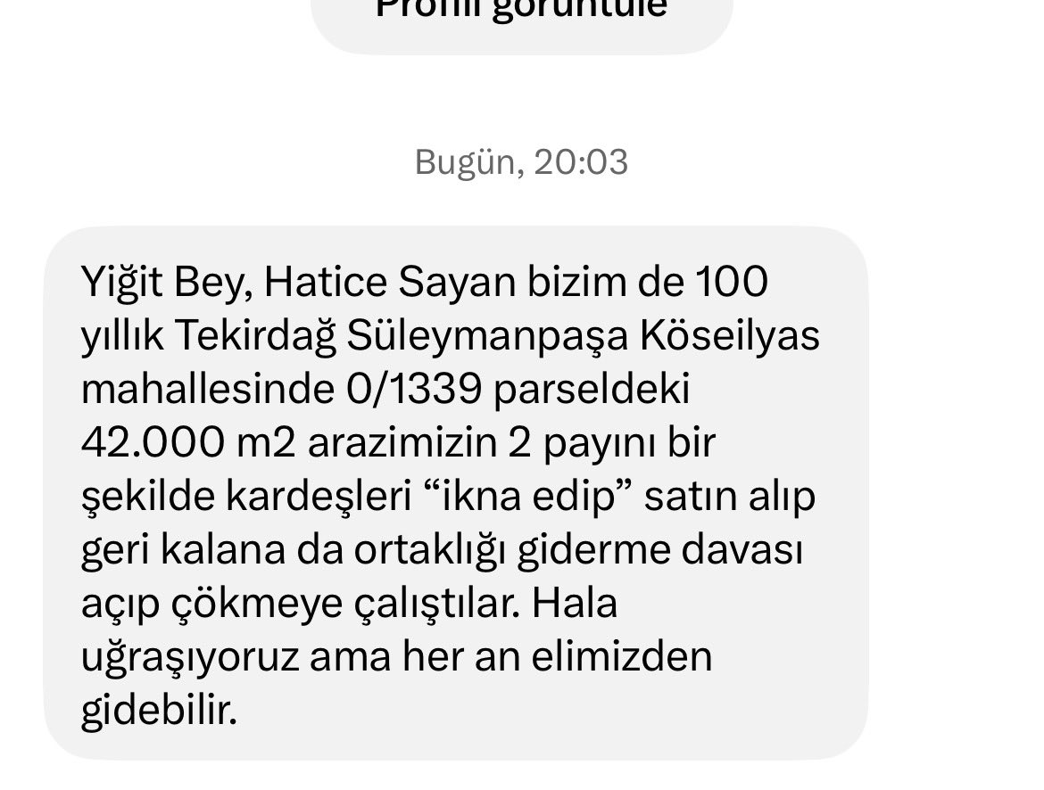 uzunyigit's tweet photo. Buyrun, Fatma Betül Sayan Kaya’nın annesinin Tekirdağ Süleymanpaşa’da daha önce yazdığım arazileriyle ilgili tarafıma gelen bir mesaj.

Bir kez daha söylüyorum eğer yazdıklarımda tek bir yalan varsa beni dava edin. 

Yoksa çıkın ve kamuoyuna hesap verin. https://t.co/EvYL2R7VSZ