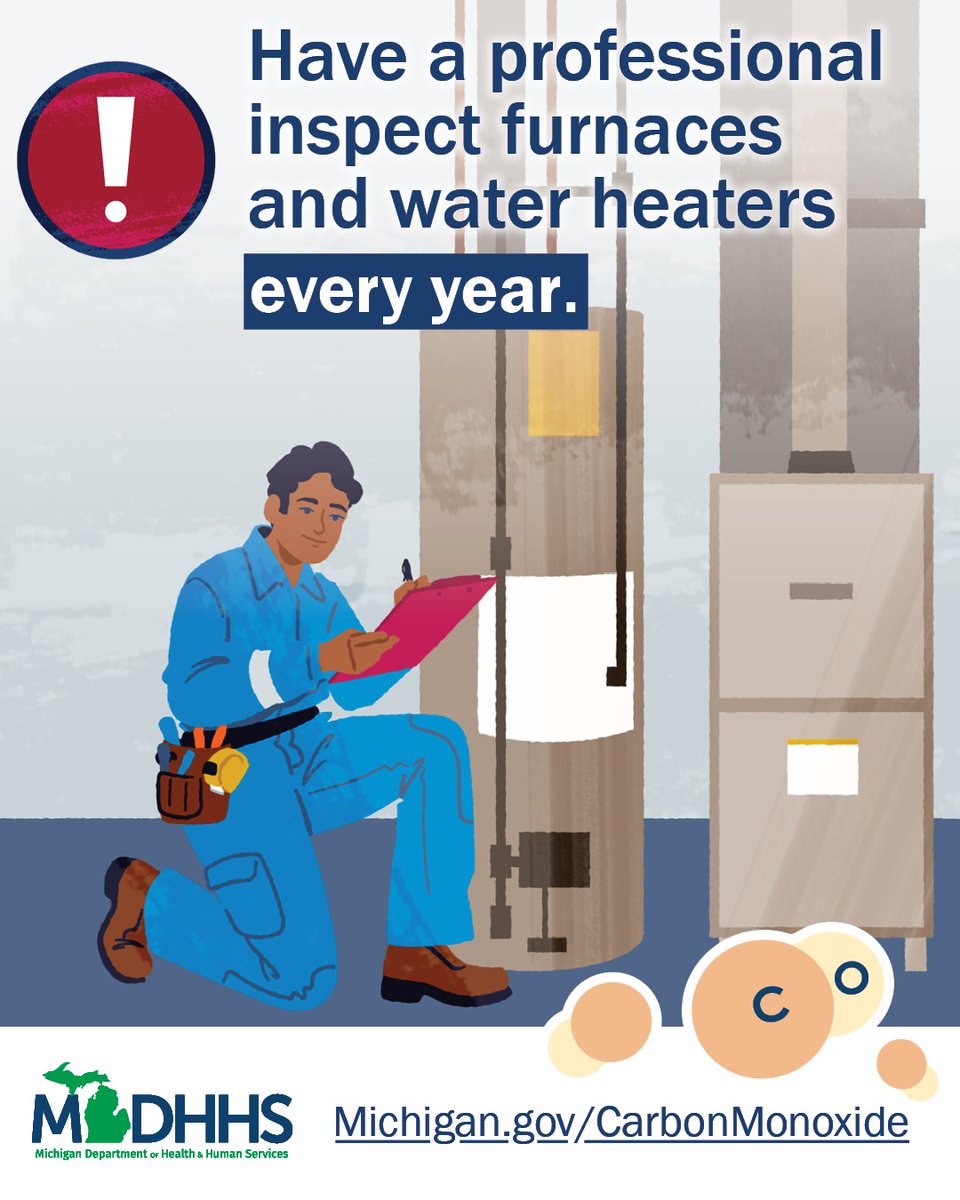 MichiganHHS's tweet photo. BE AWARE. Furnaces and water heaters are common carbon monoxide or CO poisoning sources. Have a professional inspect heating systems, water heaters and any other fuel-burning appliances and equipment every year. 

Learn more about CO at https://t.co/7nXyHLaLFZ. https://t.co/Jq43TVyKsS