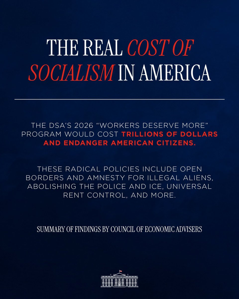 Grahamizxx's tweet photo. Socialist policies aren't free. The American people pay the price.

Radical, proven-to-fail Socialist policies would cripple the United States economy, costing trillions over the next decade and endangering American citizens. America will never be a socialist country. https://t.co/j9J7jFKTbf