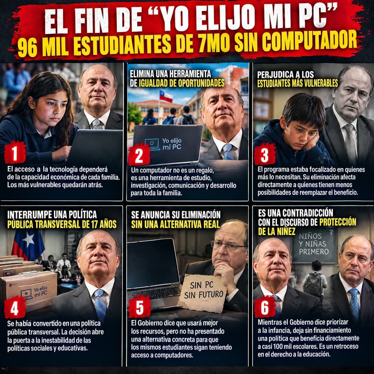 CuadradoPrats's tweet photo. FIN DEL PROGRAMA "YO ELIJO MI PC"
Fui 12 años alcalde y sé lo que significa para un niño de séptimo básico recibir su primer computador.  La indolencia del Presidente Kast, las mentiras de Pavez y la mezquindad y egoísmo del ministro Quiroz deben terminar.Firme en los principios. https://t.co/qu6Z7bCFDf