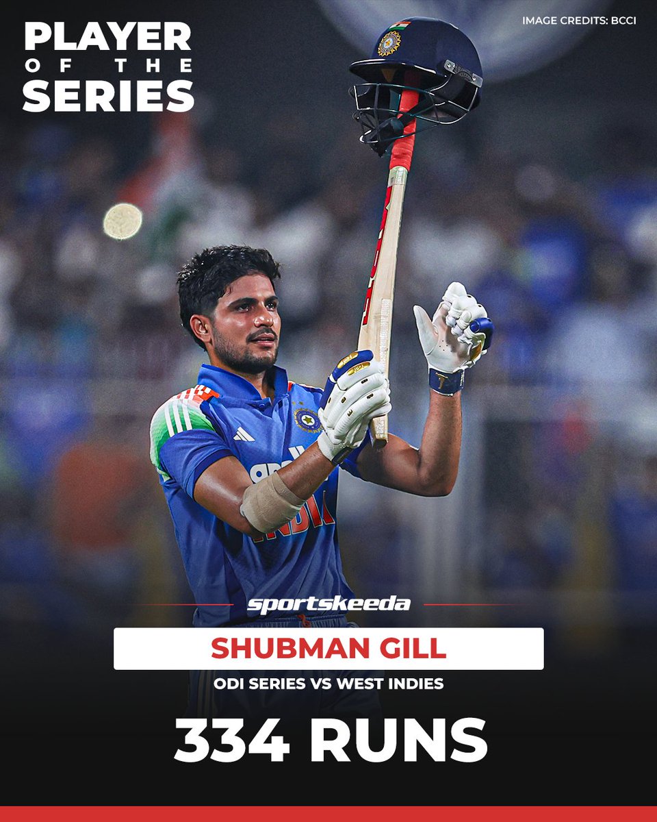 Sportskeeda's tweet photo. Shubman Gill bags the Player of the Series award for his century and double century, helping India seal the ODI series! 🇮🇳🎖️

#INDvWI #ODIs #Sportskeeda https://t.co/XjvnLges8q