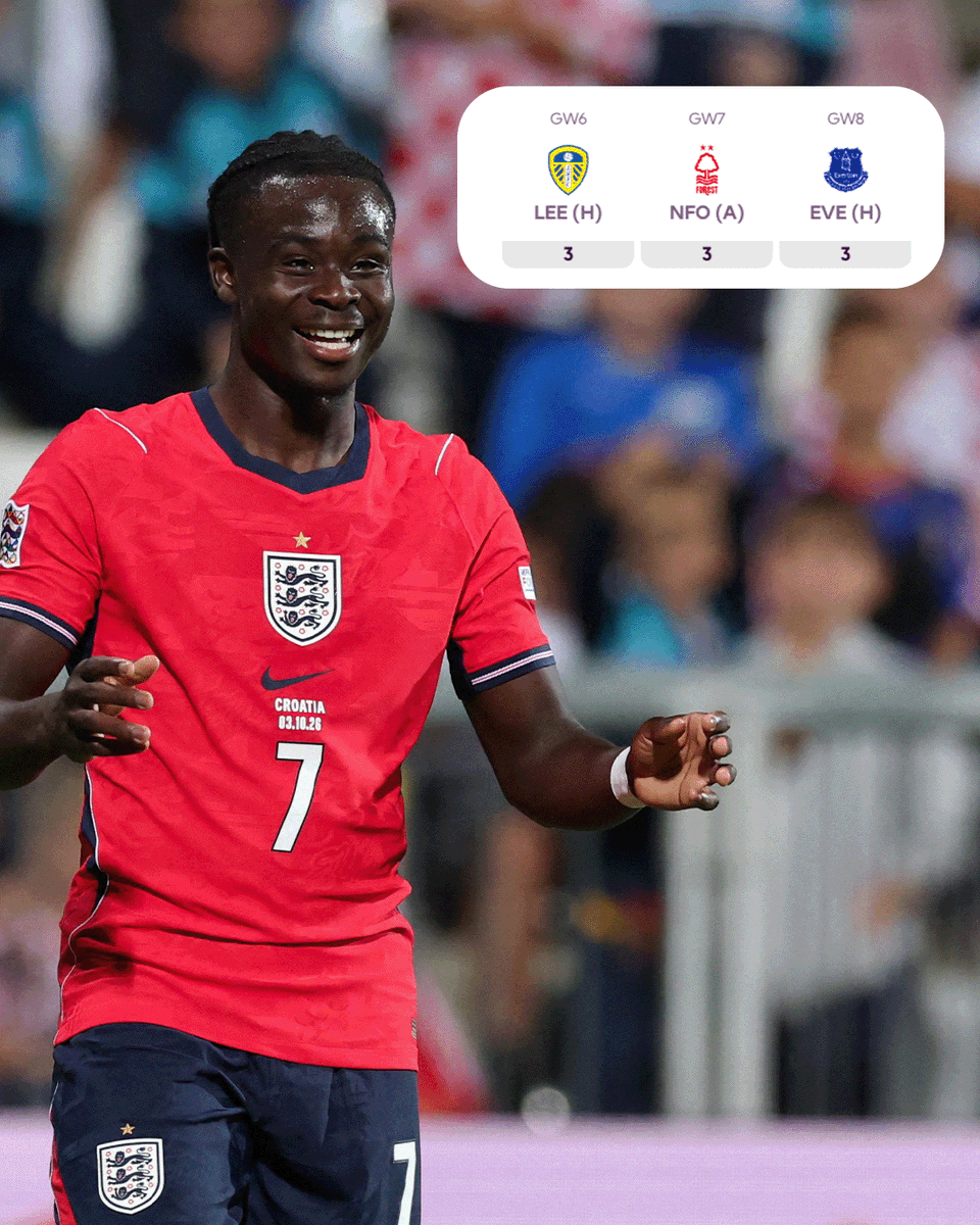 OfficialFPL's tweet photo. A Bukayo Saka brace for England against Croatia ✌️

His three fixtures for @Arsenal after the international break 👀 https://t.co/MGnL4Dcrtz