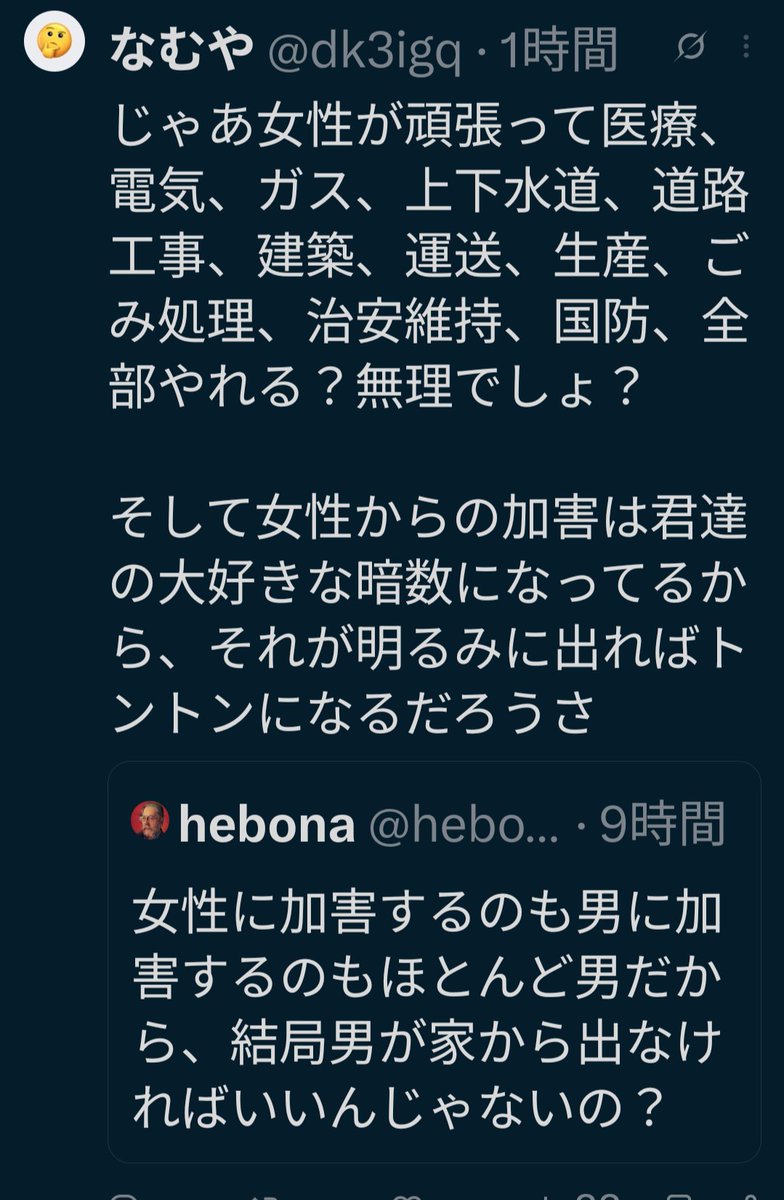 hebonana's tweet photo. まずこいつら、いつもアホの1つ覚えでインフラインフラって言うよね。

そんでそもそも「女は性被害にあうのが怖いなら家から出るな。男の方が犯罪被害に遭ってるぞ！」に対して「だったら男も家を出なければ？」と返してる事の意味すら分からないんだよね。頭蓋骨の中に脳みそないから。 https://t.co/qHa50VBK5u