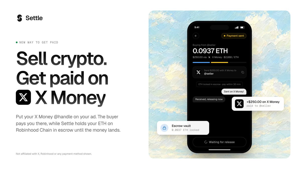 UseSettleApp's tweet photo. New on Settle: X Money.

Sell ETH on Robinhood Chain and get paid straight to your X Money @handle.

38 ways to get paid now.

https://t.co/Qa1YoZKsOy https://t.co/UKWFIcS6ap