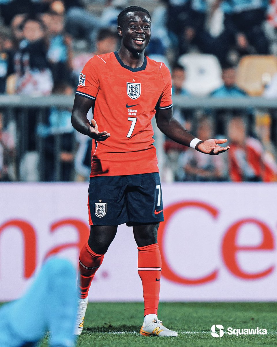 Squawka's tweet photo. Bukayo Saka's game by numbers vs. Croatia:

11 touches in opp. box 
5 shots 
3x possession won 
3 duels won 
2 shots on target 
2 tackles 
2 goals 

At the double. ⚽️⚽️ https://t.co/SzScF3KhiJ