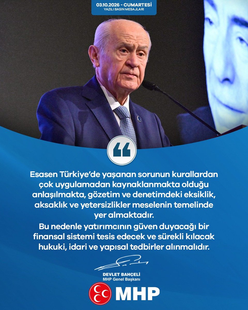 MhpBesiktas's tweet photo. Esasen Türkiye’de yaşanan sorunun kurallardan çok uygulamadan kaynaklanmakta olduğu anlaşılmakta, gözetim ve denetimdeki eksiklik, aksaklık ve yetersizlikler meselenin temelinde yer almaktadır.
Bu nedenle yatırımcının güven duyacağı bir finansal sistemi tesis edecek ve sürekli kılacak hukuki, idari ve yapısal tedbirler alınmalıdır.

MHP Genel Başkanı
 Devlet BAHÇELİ