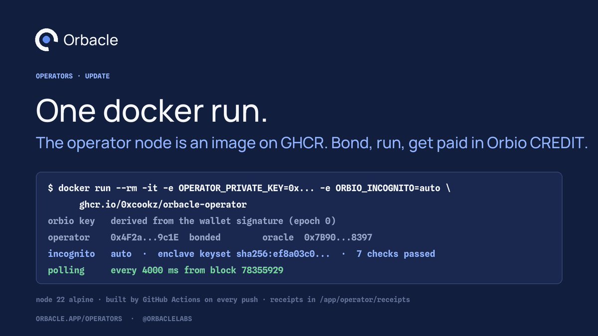 OrbacleLabs's tweet photo. New: one docker run.

The operator node is now an image on GHCR, built by GitHub Actions on every push.

docker run -e OPERATOR_PRIVATE_KEY=0x… -e ORBIO_INCOGNITO=auto https://t.co/8leHaS54EL

Bond 10,000 $ORBACLE from the app, run the container, get paid in Orbio CREDIT when your answers win.

https://t.co/rmYbbCnRUw
