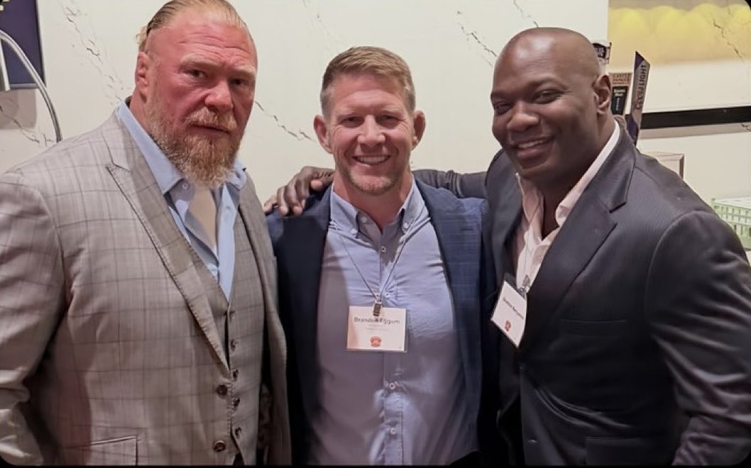 WrestleClips's tweet photo. Brock Lesnar and Shelton Benjamin reunited during his Hall of Fame Induction ceremony at the University of Minnesota 🥹❤️ https://t.co/T68Epa2Hv9