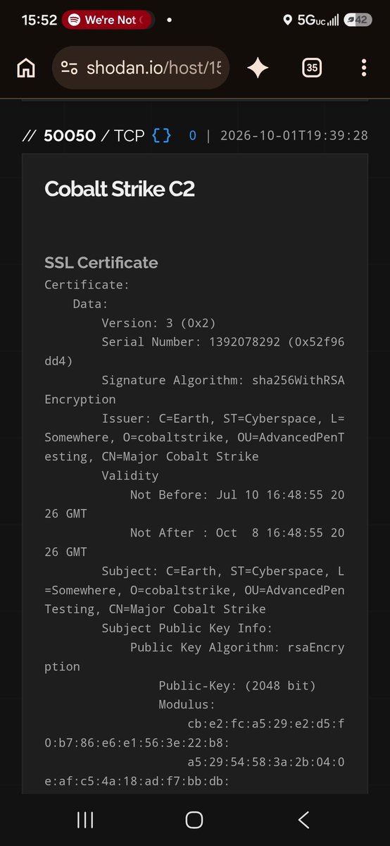 elijah_martin18's tweet photo. This was incredibly satisfying.... you should do it!
Abuseipdb: grab a reported ip; check threatfox. If it is not a reported IOC, you can collect evidence free and publicly available, and submit it.
Look it up on #shodan .
For me, I was able to see they had several open ports, and some very odd numbered ones.
Additionally, the reported OS type was Windows 10 running an IIS web server. However, if you look at the SSH SSL, it showed they were really running UBUNTU.
The dead giveaway this was a threat C2 was really the fact that it had an SSL title COBALT STRIKE C2, and the location and contact details were spoofed.
Using this informationg I was able to submit to threatfox and also email the ISP hosting the threat using the evidence obtained as well as the abuseipdb report on what they were attempting.
A fun pasttime to take down some crackers.
#cyber #ethicalhacker