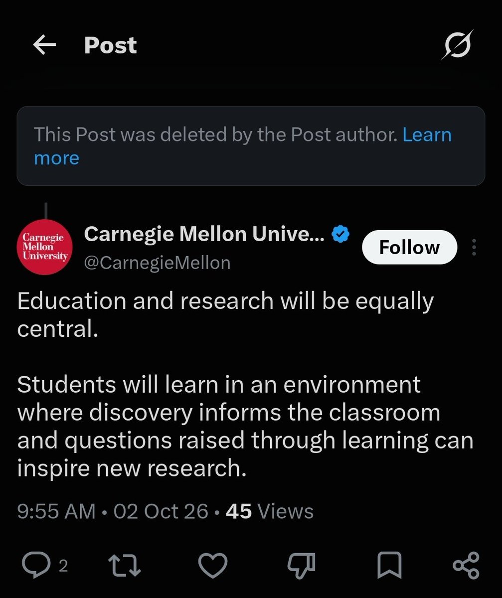 DeAngelisCorey's tweet photo. Carnegie Mellon is now in full-on panic mode.

They're deleting posts. Turning off replies.

All because they won't hold their racist professor accountable.

Stop hiding, @CarnegieMellon. She needs to go, now. https://t.co/nCkcgNnUuz