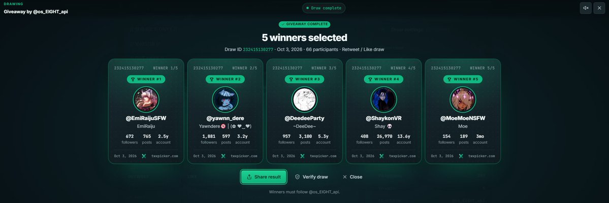 os_EIGHT_api's tweet photo. GIVEAWAY WINNERS FOR ONYX!!! 

Join my server if you're not already in it, and open a ticket to claim!

Winners:
@EmiRaijuSFW 
@yawnn_dere 
@DeedeeParty 
@ShaykonVR 
@MoeMoeNSFW https://t.co/00wiWRCRgK