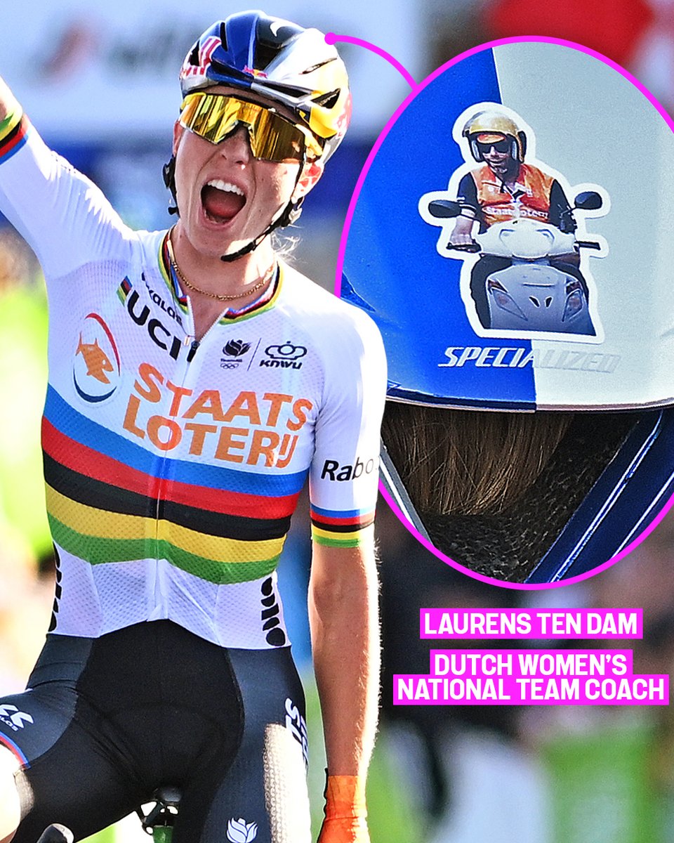 cyclingontnt's tweet photo. This is how you honour your coach 😍🇳🇱

All riders on the Dutch squad at the European Championships raced with a sticker of their national coach, Laurens ten Dam, on their helmets while delivering a perfect team performance. https://t.co/qCxcossmOP