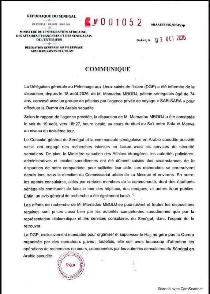 Avis_Senegal's tweet photo. 🚨Avis de Disparition 

Nous sommes à la recherche de notre papa, qui a été porté disparu à La Mecque depuis le 19 août 2026.

Il a été perdu de vue au niveau du 4ᵉ tour de Safa et Marwa. Nous avons immédiatement fait une déclaration auprès de la police de La Mecque https://t.co/4WEzj0aKnX