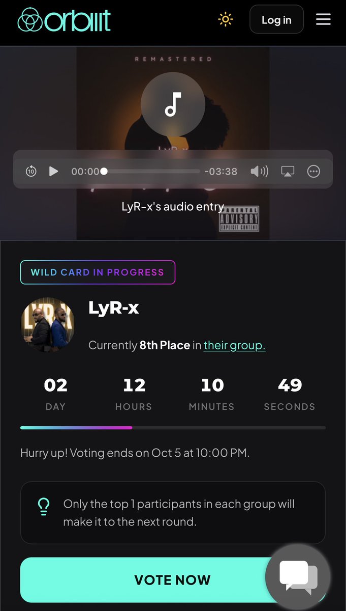 ThisisLyR_x's tweet photo. We made it!!!! @OrbiiitWorld x @Timbaland  WILD CARD ROUND!! Gotta make 1st place to move on! 

Vote For Us!!! ⬇️⬇️⬇️

https://t.co/dKabFnSoP4 https://t.co/oveBXurTSN