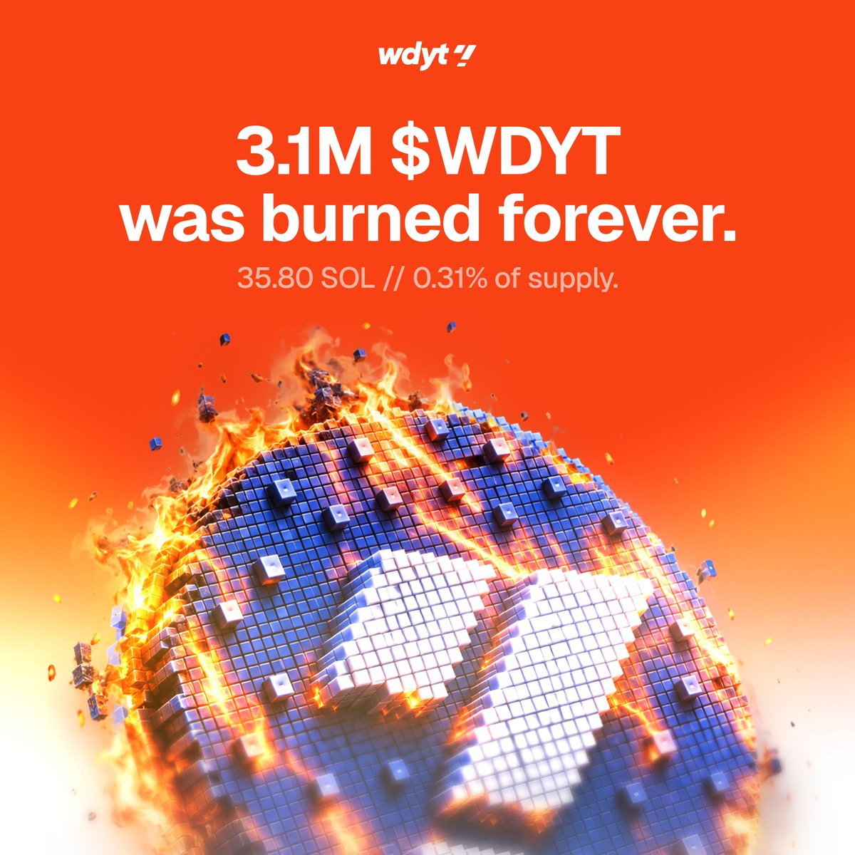 wdytfun's tweet photo. The flywheel is live. 3.1M solana:wdysfTqUsJ8qAVB1796BXgGisThoBzu1keQmdgswdyt burned forever in the first round of buybacks.

Every fee wdyt earns now feeds it.

Learn more: https://t.co/XCrPpVYXPh https://t.co/GHbxLkkaZ8