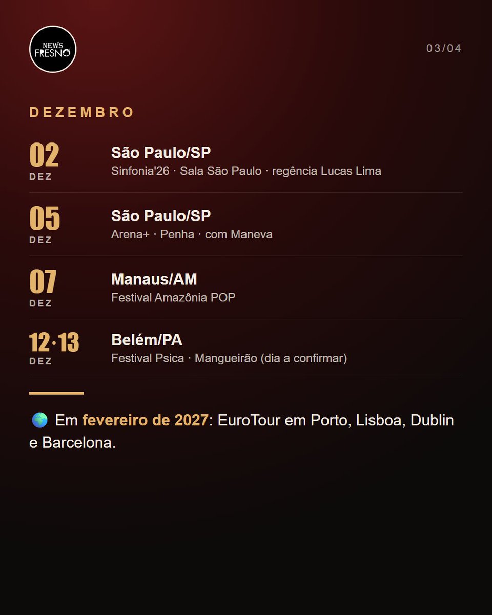 NewsFresno's tweet photo. A agenda da Fresno até dezembro 🗓️
SC 06/11 · POA 20/11 · SP 21/11 · RJ 28/11 (orquestra) · SP 02/12 (orquestra) · SP 05/12 · Manaus 07/12 · Belém 12 ou 13/12
Links de ingresso: https://t.co/kOvjV3TB2Q
#Fresno https://t.co/aZvUNyW2Av