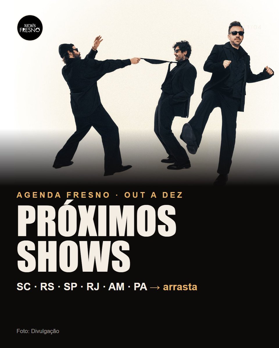NewsFresno's tweet photo. A agenda da Fresno até dezembro 🗓️
SC 06/11 · POA 20/11 · SP 21/11 · RJ 28/11 (orquestra) · SP 02/12 (orquestra) · SP 05/12 · Manaus 07/12 · Belém 12 ou 13/12
Links de ingresso: https://t.co/kOvjV3TB2Q
#Fresno https://t.co/aZvUNyW2Av