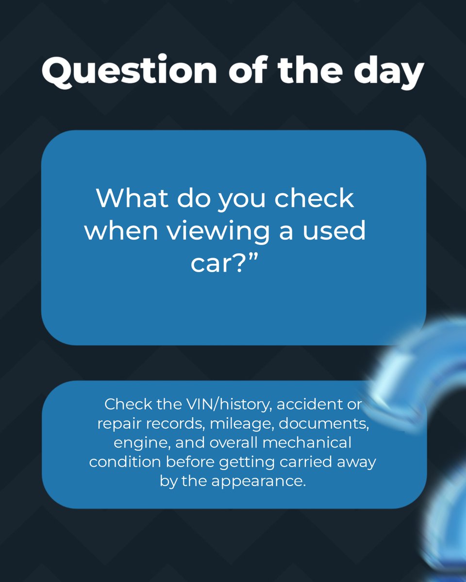 Karfid_Tech's tweet photo. Question of the day: what do you check when viewing a used car?
VIN/history, accident or repair records, mileage, documents, engine, and overall mechanical condition, before you get carried away by the appearance.
#Karfid #CarInspection #UsedCars https://t.co/pqRe0Jqhra