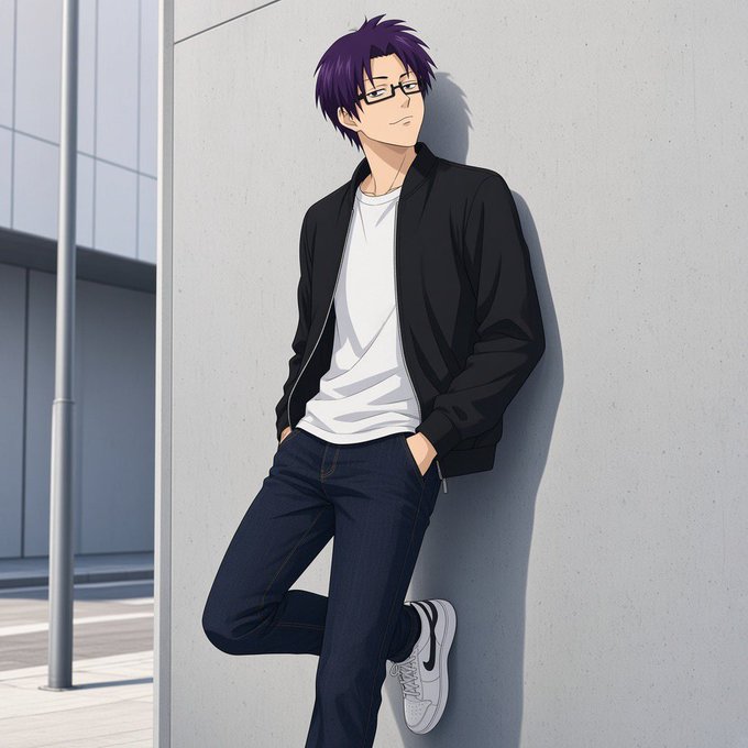 An anime-style illustration of a young man with purple hair and glasses wearing a black jacket, white t-shirt, and dark jeans leaning against a wall.
