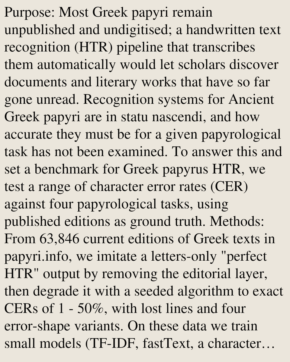 HEI's tweet photo. Which papyrus HTR is good enough? Character-error-rate tolerance of four papyrological tasks on Greek texts

Anton Repushko, Elena Chepel
https://t.co/TjkR1Wjkax [𝚌𝚜.𝙲𝙻] https://t.co/JneI0mddzg