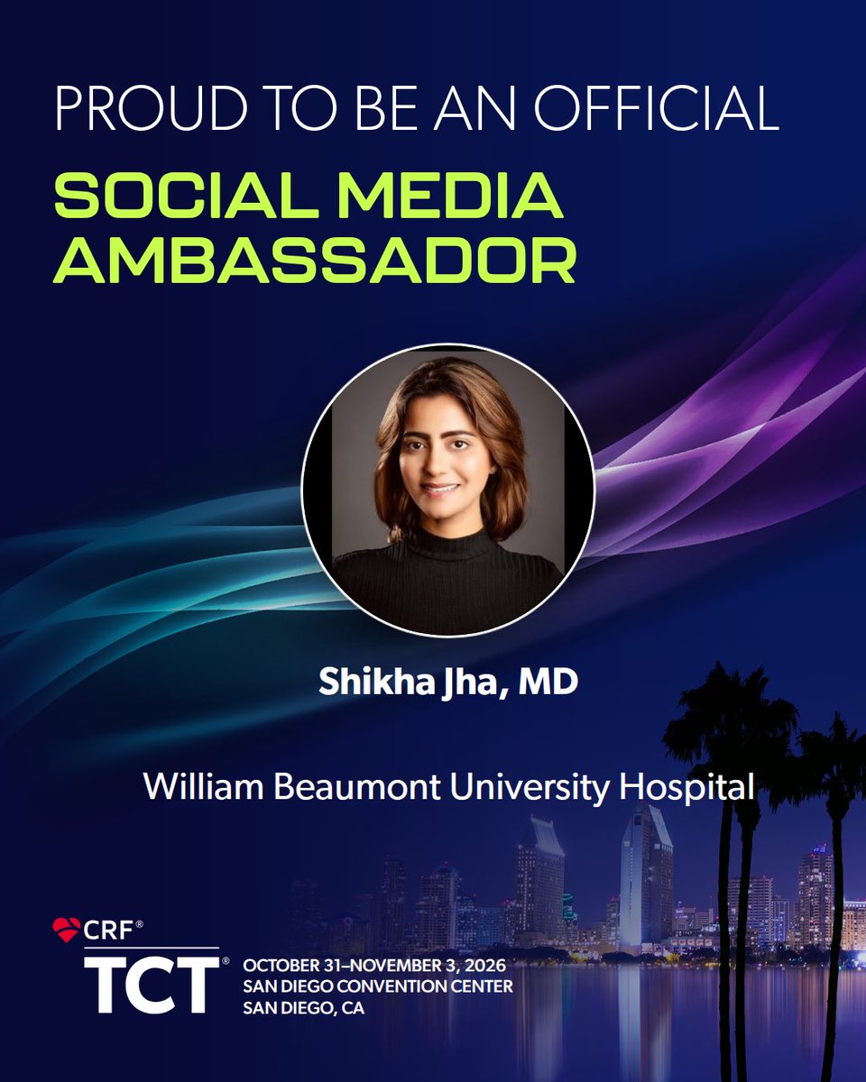 Shikha_Cardio's tweet photo. Very delighted to announce that I am one of the official social media ambassadors for TCT 2026! This is one of the most phenomenal scientific meetings of the year! 🫶🤩Looking forward to participating and sharing all the key highlights from #TCT2026 with all of you! 💙 Stay tuned ⭐️
@TCTConference @TCTMD @crfheart 
@RyanMadderMD @AhmadJabri8 @amrabbasmd @IvanHansonMD @SimonDixonMBChB @BeaumontIC