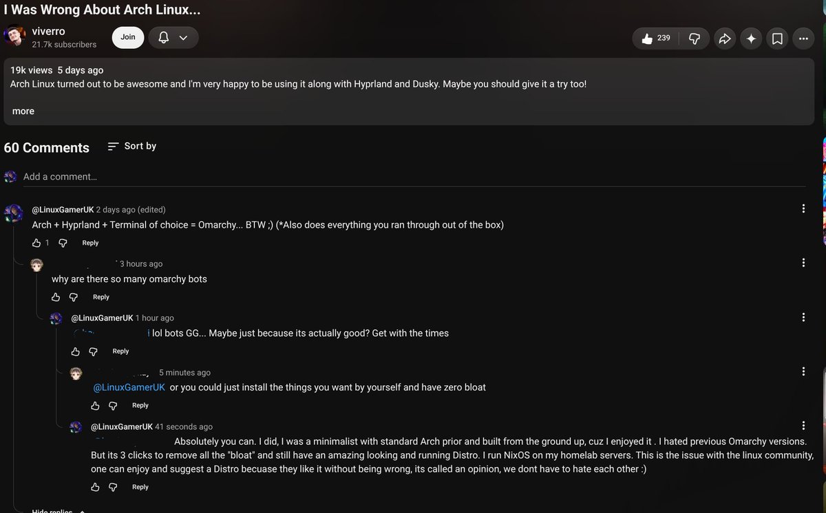 LinuxGamer_UK's tweet photo. This is exactly what is wrong with the 'old school' Linux community. Like why can't we all just enjoy and appreciate the distro we choose and love linux and get along!! I don't want to come across as soppy or 'let's all just be friends' but jeez, the distro you choose is the distro you choose, we can still be friends :) People like this are exactly what is holding the entire Linux ecosystem back! #linux #distro #omarchy