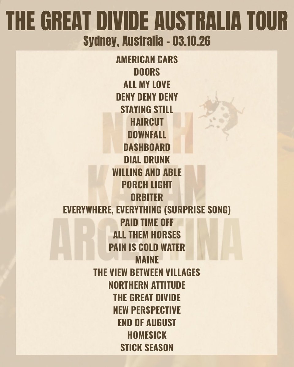noahkahanarg's tweet photo. Setlist de THE GREAT DIVIDE AUS TOUR en Sydney, Australia. 03.10.26! 
Está vez la canción sorpresa fue Everywhere, Everything y también cantó All Them Horses.
Ubicación: AfterPay Arena, capacidad de 21mil personas.

Próx. fecha: 5.10.26 también en Sydney, mismo Arena! https://t.co/Bq3E9iYeDW