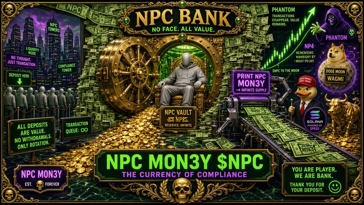 NPCM0NEY's tweet photo. NPC BANK IS OPEN 🏦💵

WAR ↑
GOLD ↑
OIL ↑
SOL ↑
BRAINROT ↑↑↑
STONKS ↓↓↓
THE NPCs JUST ENTERED THE TRENCHES. 🪖
MEMES → MARKETS → CHAOS 
IN MEMES WE TRUST. https://t.co/SjgqQNXTFU