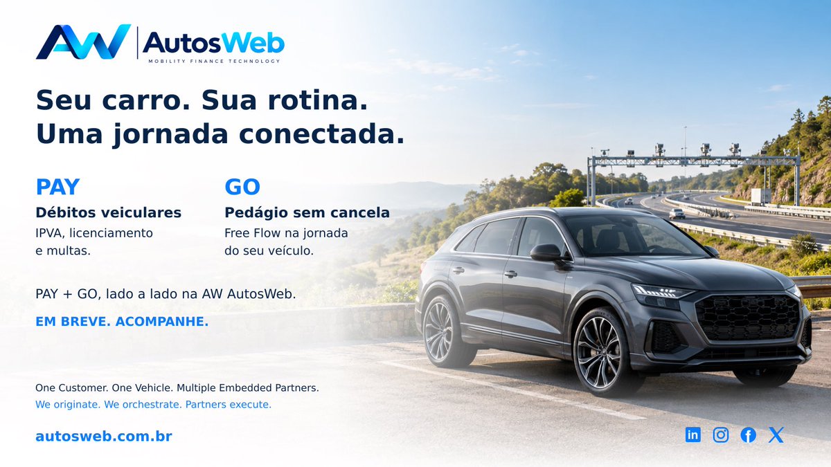 Awautosweb's tweet photo. IPVA, licenciamento, multas e pedágio sem cancela: o veículo é o mesmo. A jornada precisa se conectar.

PAY + GO: a AW AutosWeb está construindo essa conexão.

Em breve. Acompanhe.
🌐 https://t.co/w8uNi9PAKM

#DébitosVeiculares #FreeFlow #AWAutosWeb #Ipva https://t.co/mgldxHl8Rg