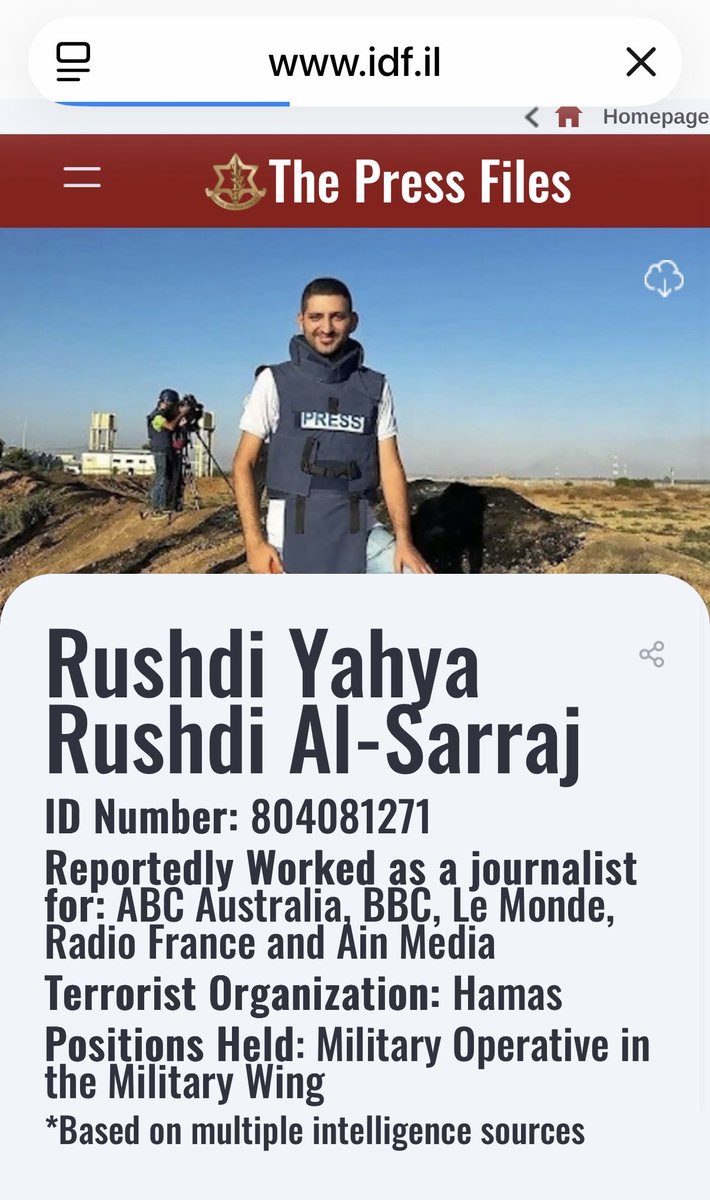 mehdirhasan's tweet photo. If you want to understand what propaganda is, this is what it looks like. ‘It can now be revealed’? By who? The Israeli military? This is their entry on Roshdi Sarraj in their new ‘press files’ - see any ‘evidence’ at all? Not even an incriminating photo! Just all ‘trust me bro’! https://t.co/kaxXPSCJaf