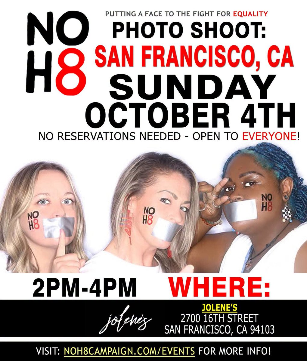 NOH8Campaign's tweet photo. 📣 REMINDER! NOH8 photo shoot SUNDAY (10/4) in San Francisco, CA: https://t.co/UDCXnvzzU2 https://t.co/kF8fGTGGBc