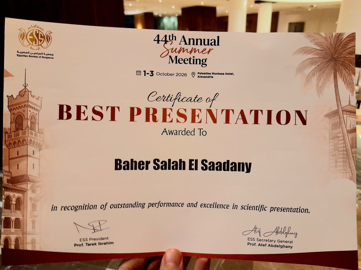 bahersalah434's tweet photo. الحمدلله ♥️
فخور بالمشاركة في المؤتمر السنوي لجم��ية الجراحين المصرية
(The Egyptian society of surgeons ) ...
وتشرفت بإلقاء كلمة وتقديم بحث عن جراحات السمنة بمستشفيات جامعة المنصورة ...
وتم منحي جائزة أفضل presentation في المؤتمر ♥️✨️ https://t.co/YtdrW447Jc