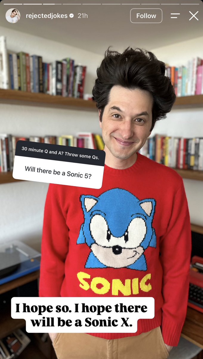 Sonic1News's tweet photo. Ben Schwartz is hoping there will be a #SonicMovie5 and he is also hoping that Sonic 5 will be called Sonic X.

#SonicMovie #SonicMovie4 https://t.co/VcZSInDN8o