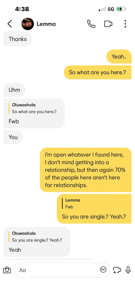 Shola_dlb's tweet photo. I’ve been single for 3 years now, and I thought it was finally time to find a lover. A friend asked me to sign up for Bumble, so I did, and this is the chat with my first match of the app. 😩💔

There is no love again, I swear. Because what do you mean you’re on a dating app looking for FWB? 🤣