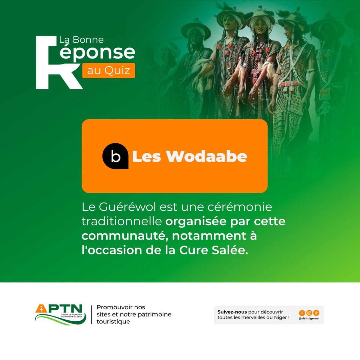 visitnigerne's tweet photo. La bonne réponse : B - les Wodaabe

Le Guéréwol est une cérémonie traditionnelle des Wodaabe, sous-groupe du peuple peul, notamment célébrée lors de la Cure Salée.

👏 Bravo à celles et ceux qui avaient trouvé !

#visitniger #niger #curesalée2026 https://t.co/9jBzSziYw3