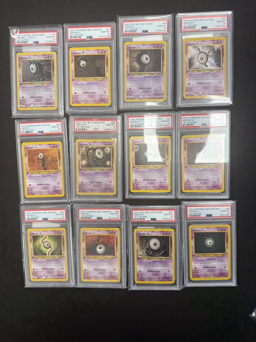 NickWhiteReal's tweet photo. Just about halfway done collecting every unown first edition PSA 10.

I had 6 more that came in the mail yesterday, but someone stole them!

Not cool! 😡 https://t.co/ZltNqGdrh2