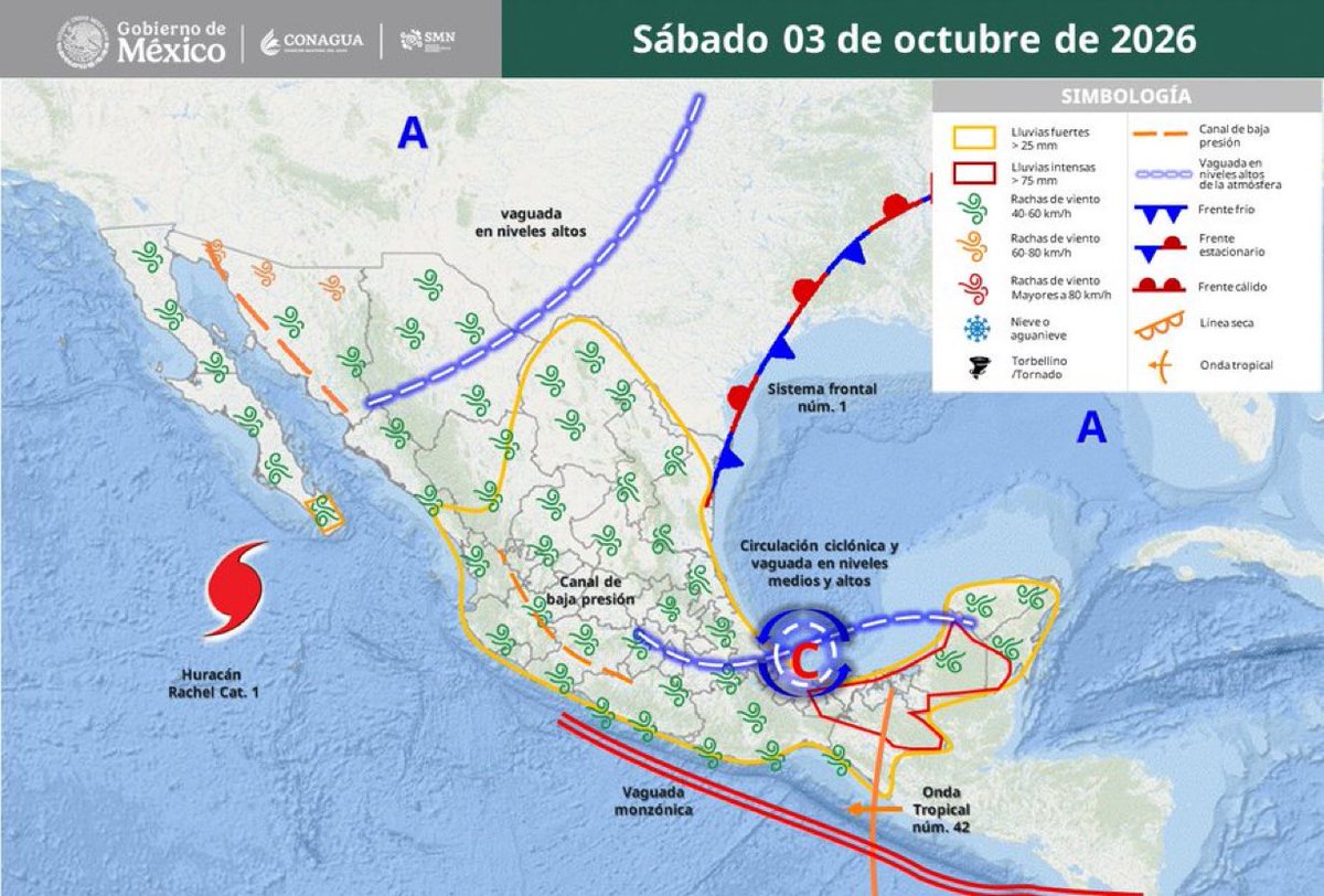 visionpolitica7's tweet photo. #PronósticoNacional 🇲🇽 | El #FrenteFrío1 frena su avance; una #OndaTropical e inestabilidad mantendrán las lluvias en #México ⛈️
• 🟣 INTENSAS: #Tab, #Ver, #Oax, #Chis y #Camp
• ⛈️🔴 MUY FUERTES: #NL, #Tamps, #Zac, #Coah, #SLP, #Hgo, #Mich, #Gro, #Pue y #QRoo
1/3 https://t.co/nZAnutCEAA