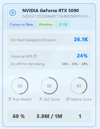 rageagainstm's tweet photo. Technical $CNX Crynux node & staking post! 

With $CNX Crynux now on Robinhood and gaining traction, it's a great time to set up a node if you have a decent GPU & hardware or stake your balances to a node to support the network while earning weekly rewards — with no lockup on your initial staked balance. Setting up a node is simple on Windows, or staking your $CNX balance via Base or Robinhood is easy enough with the guide from @MiningRabid. If anyone needs any assistance setting up a node or staking please give me a DM or reach out to me as moderator on the official $CNX Telegram or Discord :) — Happy to help.
Here's a repost of @MiningRabid's node setup & staking guide:
https://t.co/J2Eus2YKVM

As an example, on my own 5090 Windows node I've been receiving 20–30K $CNX in weekly rewards every Wednesday for completed tasks, with my 1M $CNX staked to the node.

Additionally, I provide a competitive 60% delegator reward/payout to anyone who stakes to my node, with emissions expected to be an estimated 26.1K+ $CNX every Wednesday to current delegators per the image below. Hop on & delegate if you like, or join another node if you don't have the hardware to run your own!:
https://t.co/LrWoAeFOBh
https://t.co/BwukpnySKQ

Crynux $CNX is heading in the right direction. As the project progresses and handles more real-world AI workloads, we could see even more task activity and rewards across its decentralized compute network. 🦾🦾🚀🚀

@crynuxio @crynux_dao @RobinhoodApp @RobinhoodCrypto @base @safetrade @MiningRabid  #crynux #nvidia $CNX
