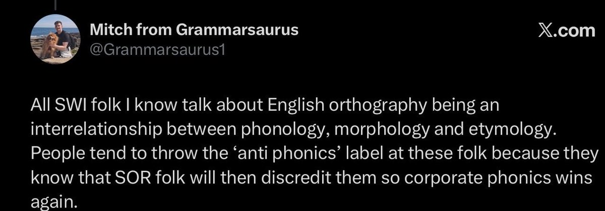 SoundSyllable's tweet photo. @RyonWLeyshon Not sure what I said above that earned the block. Agreed, anyway: "an interrelationship between phonology, morphology and etymology" is a claim I'd sign (Venezky said as much in 1967). "The organising principle is morphology" is a different claim, and the one I keep seeing. https://t.co/JPcPcAOw21