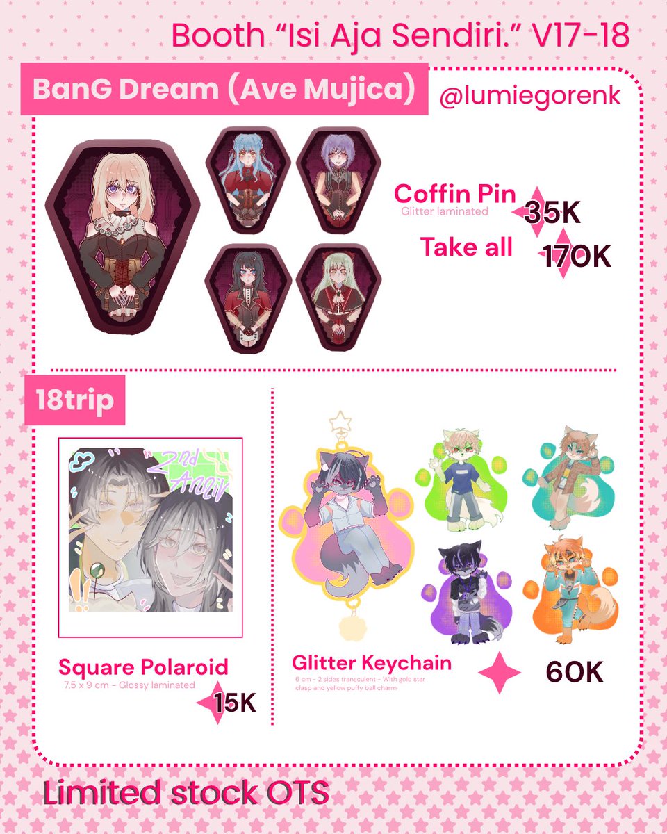 lumiegorenk's tweet photo. [🩷🔁 appreciated!]

My OTS #CF23 catalogue is here!

🗓️ Both days (31 Oct n 1 Nov)
📍 Booth Isi Aja Sendiri | V17-18ab 
🛍️ VLD (Klance), RGU, PHM, Bandori (Ave mujica), 18trip, goodbye lara, creepypasta

(1/2)

#comifuro23 #comifuro23catalogue https://t.co/c6N9X0Npdb