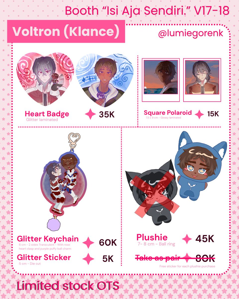 lumiegorenk's tweet photo. [🩷🔁 appreciated!]

My OTS #CF23 catalogue is here!

🗓️ Both days (31 Oct n 1 Nov)
📍 Booth Isi Aja Sendiri | V17-18ab 
🛍️ VLD (Klance), RGU, PHM, Bandori (Ave mujica), 18trip, goodbye lara, creepypasta

(1/2)

#comifuro23 #comifuro23catalogue https://t.co/c6N9X0Npdb