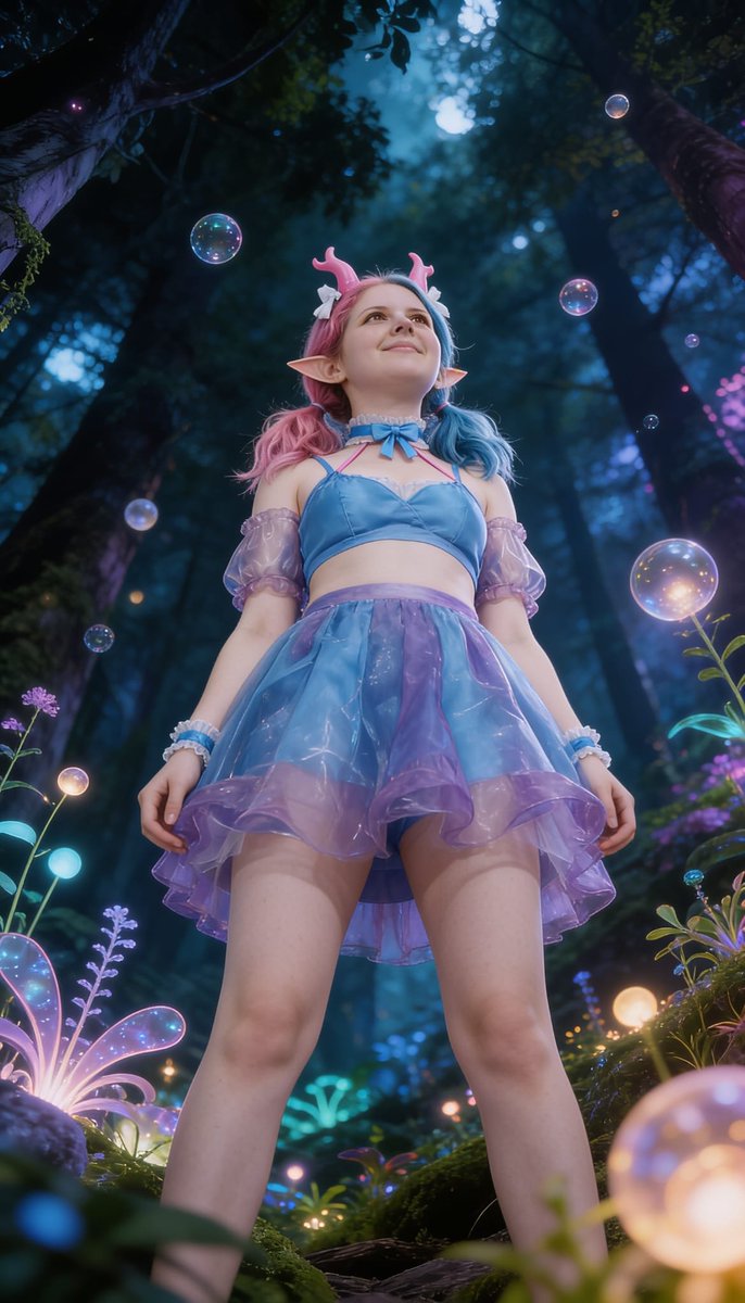 Lizzy1262629's tweet photo. Me in the night woods. Pink-and-blue hair, elf ears and little horns, blue top, sheer purple skirt, bubbles and glowing plants around me.
#FairyLook #ElfEars #SplitHair #NightWoods #SheerSkirt #GlowingPlants #FetishFashion #NSFW #BubbleForest https://t.co/iySmzqm5e8